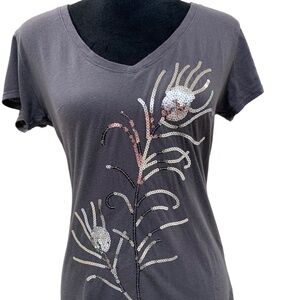 L.O.L Vintage Women Grey T shirt with Silver Sequin Short Sleeve Size L